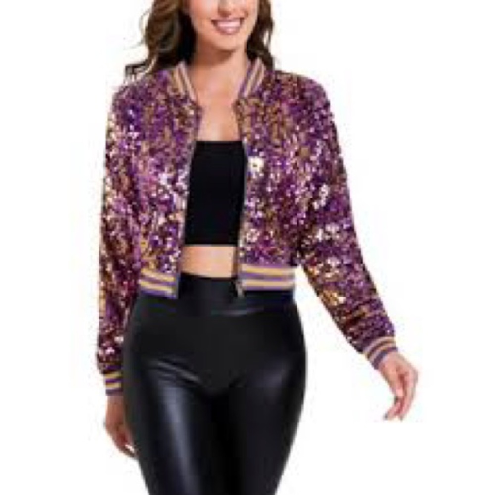 Purple and gold Anna Kaci nwt new sequin varsity bomber jacket team s small